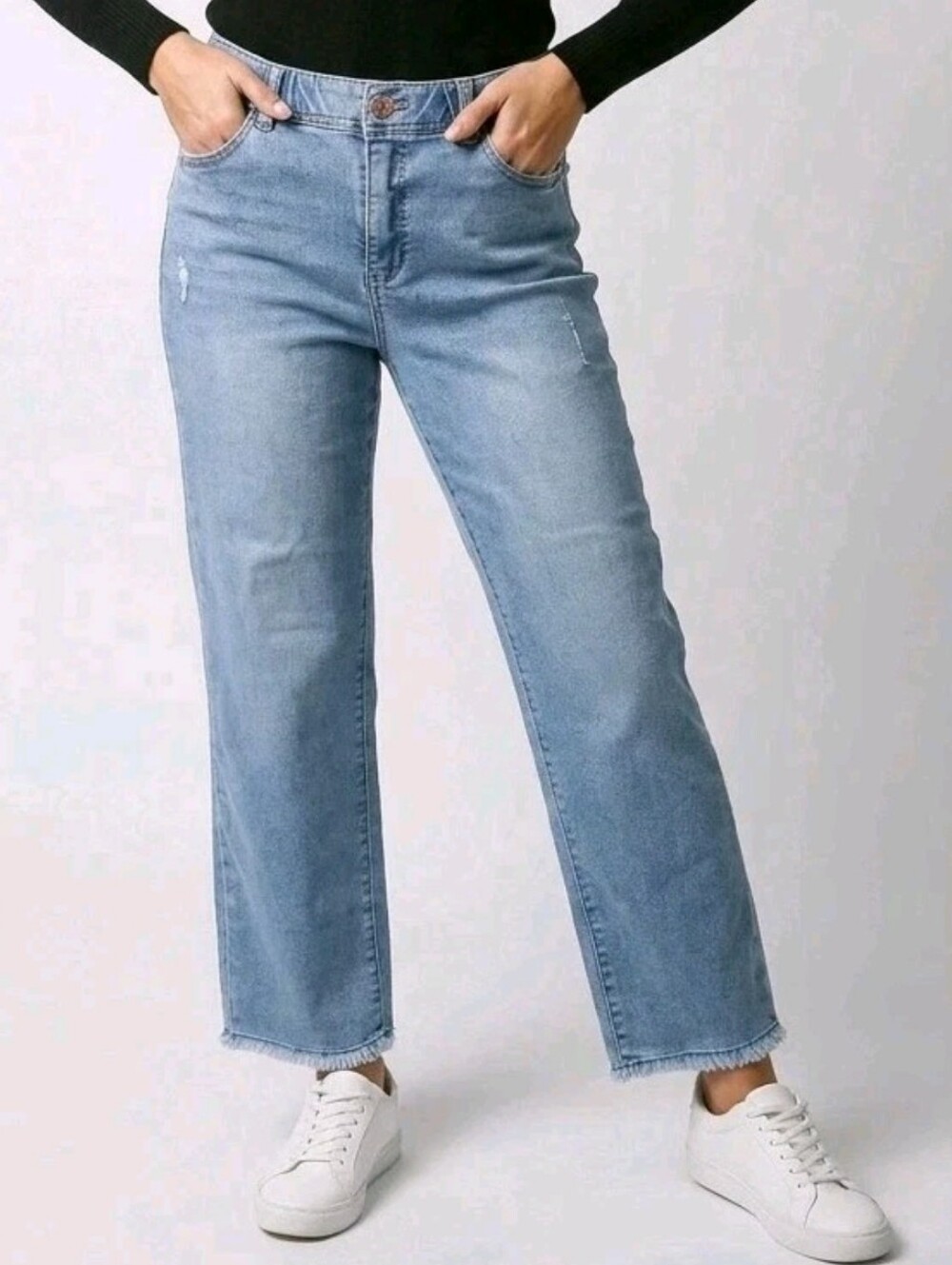 Democracy Mom Jeans Womens 12 (W33xL27) Blue Ankle Cropped Baggy Relaxed Raw Hem